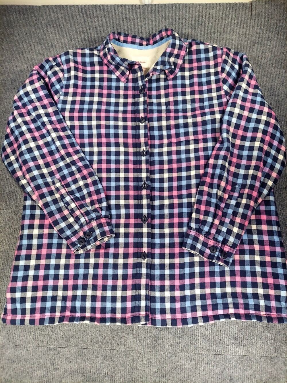 LL Bean Fleece Lined Flannel Shirt Jacket Womens Large L Pink Navy Plaid Shacket